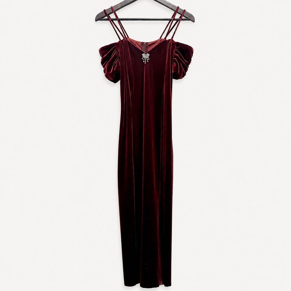 Vintage 90s Dollar USA Burgundy Velvet Cold Shoulder Maxi Dress M